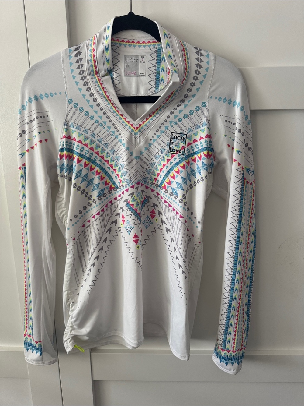 Lucky in Love White Long Sleeve Top with Multicolor Geometric Print